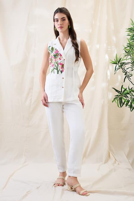 Soup By Sougat Paul White Linen Embroidery Collared Gulzaar Appliqued Co-ord Set 