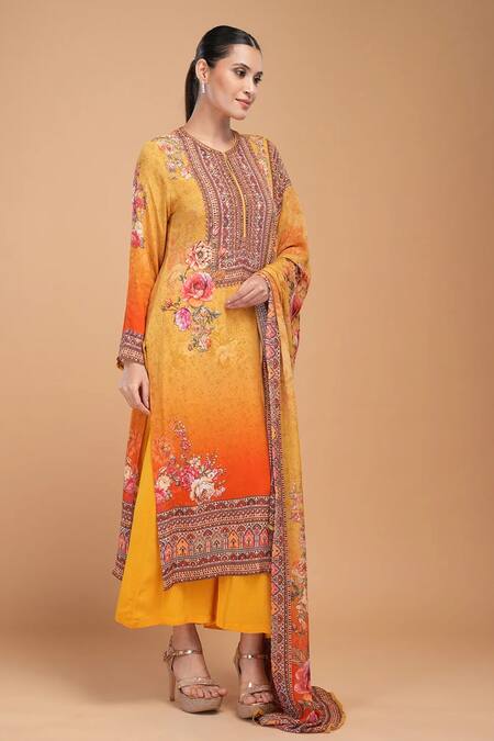Nirraamyaa Mustard Bemberg, Georgette, Crepe Rhinestones Round Floral Print Kurta Pant Set Online at Aza Fashions Nirraamyaa_Mustard Bemberg, Georgette, Crepe Rhinestones Round Floral Print Kurta Pant Set _Online_at_Aza_Fashions