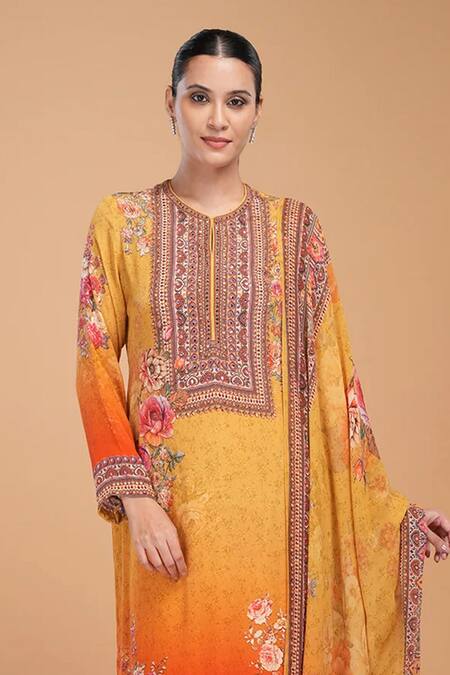 Buy Nirraamyaa Mustard Bemberg, Georgette, Crepe Rhinestones Round Floral Print Kurta Pant Set Online at Aza Fashions Buy_Nirraamyaa_Mustard Bemberg, Georgette, Crepe Rhinestones Round Floral Print Kurta Pant Set _Online_at_Aza_Fashions