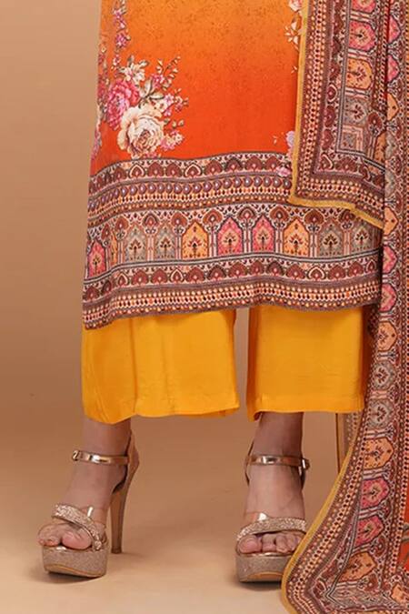 Shop Nirraamyaa Mustard Bemberg, Georgette, Crepe Rhinestones Round Floral Print Kurta Pant Set Online at Aza Fashions Shop_Nirraamyaa_Mustard Bemberg, Georgette, Crepe Rhinestones Round Floral Print Kurta Pant Set _Online_at_Aza_Fashions