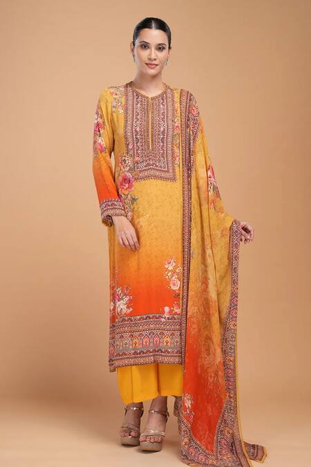 Nirraamyaa Mustard Bemberg, Georgette, Crepe Rhinestones Round Floral Print Kurta Pant Set at Aza Fashions Nirraamyaa_Mustard Bemberg, Georgette, Crepe Rhinestones Round Floral Print Kurta Pant Set _at_Aza_Fashions