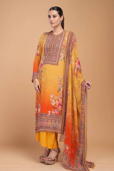 Buy Nirraamyaa Mustard Bemberg, Georgette, Crepe Rhinestones Round Floral Print Kurta Pant Set Buy_Nirraamyaa_Mustard Bemberg, Georgette, Crepe Rhinestones Round Floral Print Kurta Pant Set