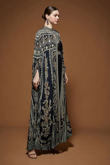 Nirraamyaa Black Bemberg, Georgette, Viscose, Crepe Rhinestones, Designer Cape And Kurta Set Online at Aza Fashions Nirraamyaa_Black Bemberg, Georgette, Viscose, Crepe Rhinestones, Designer Cape And Kurta Set _Online_at_Aza_Fashions