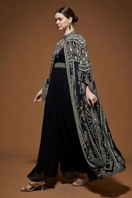 Buy Nirraamyaa Black Bemberg, Georgette, Viscose, Crepe Rhinestones, Designer Cape And Kurta Set Online at Aza Fashions Buy_Nirraamyaa_Black Bemberg, Georgette, Viscose, Crepe Rhinestones, Designer Cape And Kurta Set _Online_at_Aza_Fashions