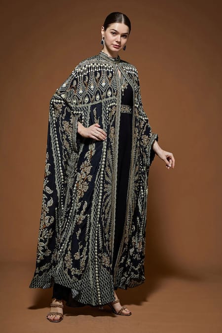 Shop Nirraamyaa Black Bemberg, Georgette, Viscose, Crepe Rhinestones, Designer Cape And Kurta Set Online at Aza Fashions Shop_Nirraamyaa_Black Bemberg, Georgette, Viscose, Crepe Rhinestones, Designer Cape And Kurta Set _Online_at_Aza_Fashions