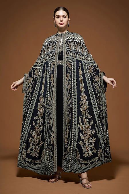 Nirraamyaa Black Bemberg, Georgette, Viscose, Crepe Rhinestones, Designer Cape And Kurta Set at Aza Fashions Nirraamyaa_Black Bemberg, Georgette, Viscose, Crepe Rhinestones, Designer Cape And Kurta Set _at_Aza_Fashions