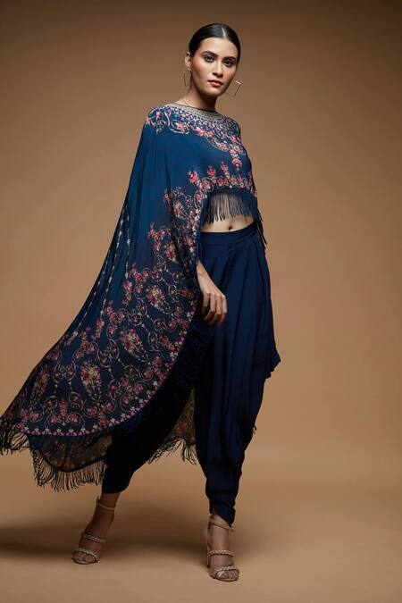 Nirraamyaa Blue Bemberg, Crepe Embroidery Round Neck Rhinestone Embellished Dhoti Set Online at Aza Fashions Nirraamyaa_Blue Bemberg, Crepe Embroidery Round Neck Rhinestone Embellished Dhoti Set _Online_at_Aza_Fashions