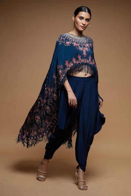 Buy Nirraamyaa Blue Bemberg, Crepe Embroidery Round Neck Rhinestone Embellished Dhoti Set Online at Aza Fashions Buy_Nirraamyaa_Blue Bemberg, Crepe Embroidery Round Neck Rhinestone Embellished Dhoti Set _Online_at_Aza_Fashions