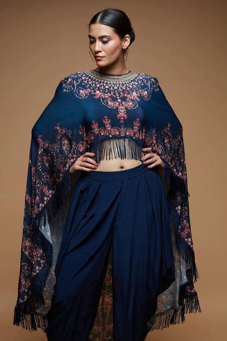 Shop Nirraamyaa Blue Bemberg, Crepe Embroidery Round Neck Rhinestone Embellished Dhoti Set Online at Aza Fashions Shop_Nirraamyaa_Blue Bemberg, Crepe Embroidery Round Neck Rhinestone Embellished Dhoti Set _Online_at_Aza_Fashions