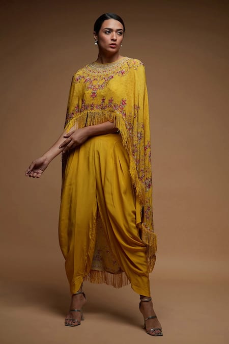 Nirraamyaa Yellow Bemberg, Crepe Rhinestones Round Neck Designer Cape And Dhoti Pant Set Online at Aza Fashions Nirraamyaa_Yellow Bemberg, Crepe Rhinestones Round Neck Designer Cape And Dhoti Pant Set _Online_at_Aza_Fashions