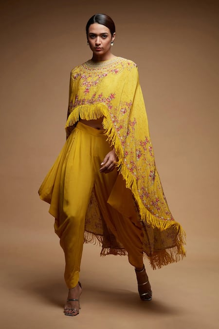Buy Nirraamyaa Yellow Bemberg, Crepe Rhinestones Round Neck Designer Cape And Dhoti Pant Set Online at Aza Fashions Buy_Nirraamyaa_Yellow Bemberg, Crepe Rhinestones Round Neck Designer Cape And Dhoti Pant Set _Online_at_Aza_Fashions