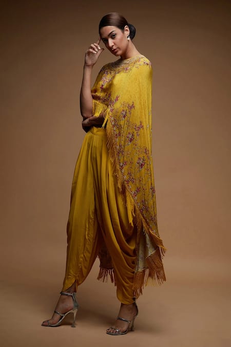 Shop Nirraamyaa Yellow Bemberg, Crepe Rhinestones Round Neck Designer Cape And Dhoti Pant Set Online at Aza Fashions Shop_Nirraamyaa_Yellow Bemberg, Crepe Rhinestones Round Neck Designer Cape And Dhoti Pant Set _Online_at_Aza_Fashions
