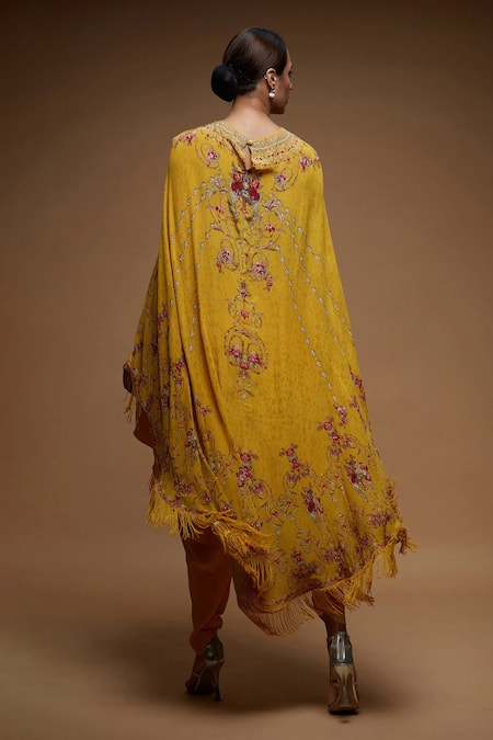 Shop Nirraamyaa Yellow Bemberg, Crepe Rhinestones Round Neck Designer Cape And Dhoti Pant Set at Aza Fashions Shop_Nirraamyaa_Yellow Bemberg, Crepe Rhinestones Round Neck Designer Cape And Dhoti Pant Set _at_Aza_Fashions