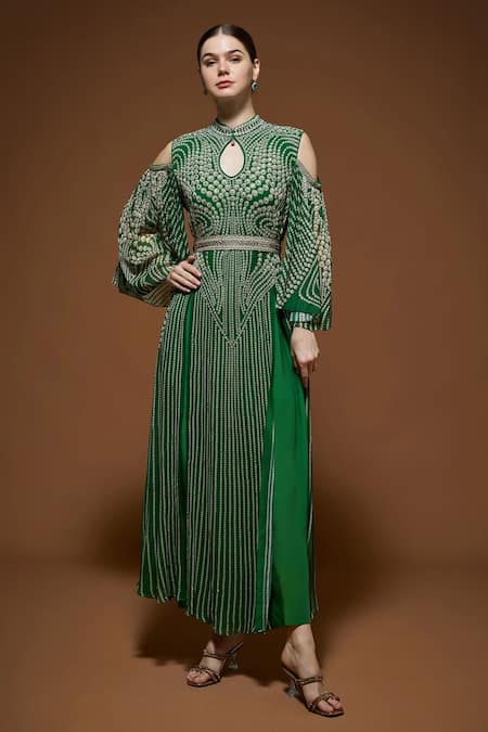 Nirraamyaa Emerald Green Bemberg Rhinestones Keyhole Neck Embroidered Kaftan With Belt 