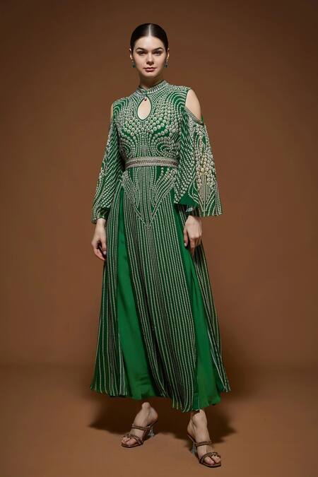 Nirraamyaa_Emerald Green Bemberg Rhinestones Keyhole Neck Embroidered Kaftan With Belt _Online_at_Aza_Fashions
