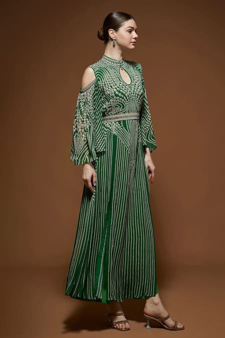 Buy_Nirraamyaa_Emerald Green Bemberg Rhinestones Keyhole Neck Embroidered Kaftan With Belt _Online_at_Aza_Fashions