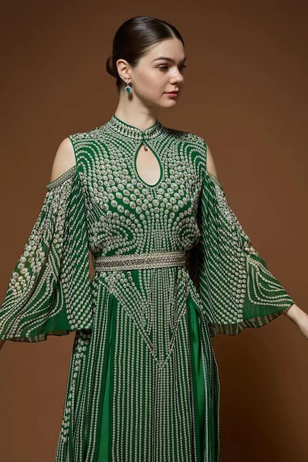 Shop_Nirraamyaa_Emerald Green Bemberg Rhinestones Keyhole Neck Embroidered Kaftan With Belt _Online_at_Aza_Fashions