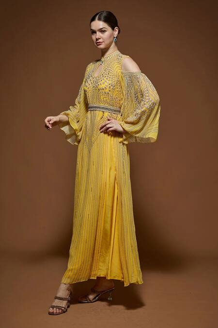 Nirraamyaa Yellow Bemberg, Crepe Rhinestones Keyhole Neck Embellished Kaftan Online at Aza Fashions Nirraamyaa_Yellow Bemberg, Crepe Rhinestones Keyhole Neck Embellished Kaftan _Online_at_Aza_Fashions