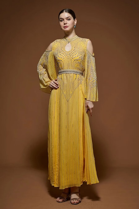 Nirraamyaa Yellow Bemberg, Crepe Rhinestones Keyhole Neck Embellished Kaftan 