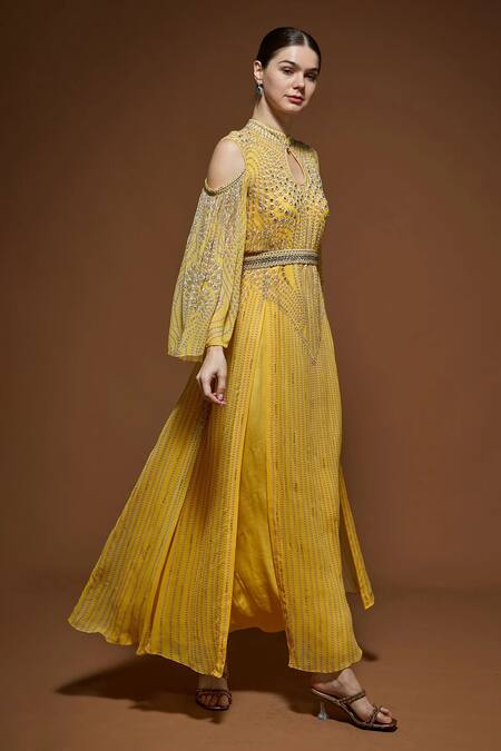 Buy Nirraamyaa Yellow Bemberg, Crepe Rhinestones Keyhole Neck Embellished Kaftan Online at Aza Fashions Buy_Nirraamyaa_Yellow Bemberg, Crepe Rhinestones Keyhole Neck Embellished Kaftan _Online_at_Aza_Fashions