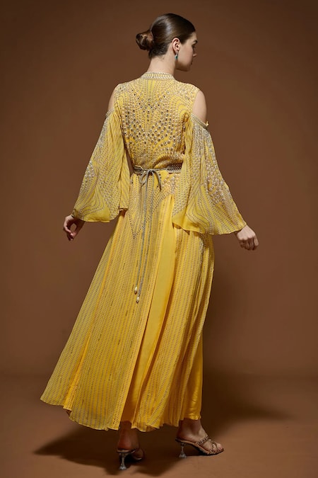 Nirraamyaa Yellow Rhinestone Embellished Kaftan 