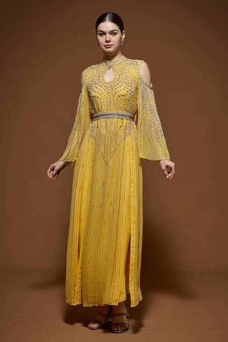 Shop Nirraamyaa Yellow Bemberg, Crepe Rhinestones Keyhole Neck Embellished Kaftan Online at Aza Fashions Shop_Nirraamyaa_Yellow Bemberg, Crepe Rhinestones Keyhole Neck Embellished Kaftan _Online_at_Aza_Fashions