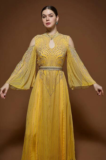 Nirraamyaa Yellow Bemberg, Crepe Rhinestones Keyhole Neck Embellished Kaftan at Aza Fashions Nirraamyaa_Yellow Bemberg, Crepe Rhinestones Keyhole Neck Embellished Kaftan _at_Aza_Fashions