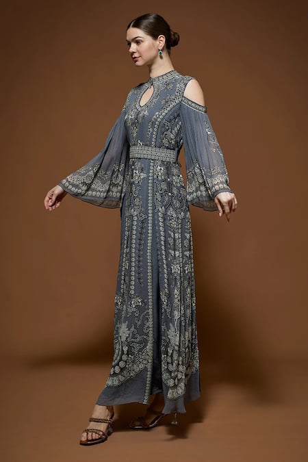 Nirraamyaa_Silver Bemberg, Crepe Rhinestones Keyhole Neck Designer Kaftan With Belt _Online_at_Aza_Fashions