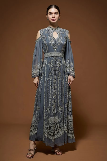 Nirraamyaa Silver Bemberg, Crepe Rhinestones Keyhole Neck Designer Kaftan With Belt 