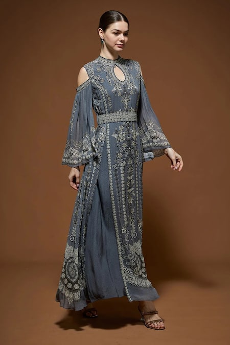 Buy_Nirraamyaa_Silver Bemberg, Crepe Rhinestones Keyhole Neck Designer Kaftan With Belt _Online_at_Aza_Fashions