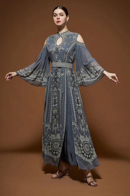 Shop_Nirraamyaa_Silver Bemberg, Crepe Rhinestones Keyhole Neck Designer Kaftan With Belt _Online_at_Aza_Fashions