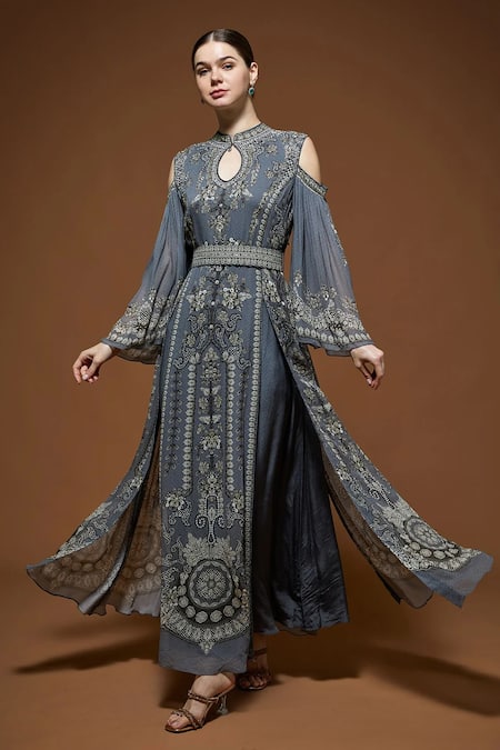 Nirraamyaa_Silver Bemberg, Crepe Rhinestones Keyhole Neck Designer Kaftan With Belt _at_Aza_Fashions