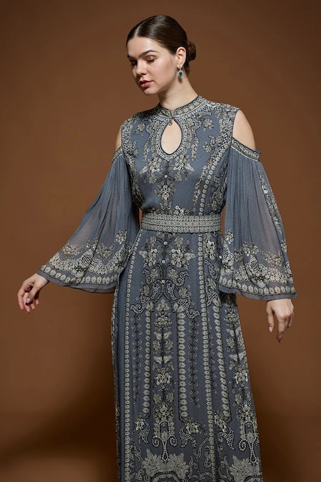 Buy_Nirraamyaa_Silver Bemberg, Crepe Rhinestones Keyhole Neck Designer Kaftan With Belt 