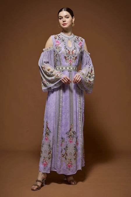 Nirraamyaa Purple Bemberg, Crepe Rhinestones, Embroidery Keyhole Designer Kaftan With Belt 