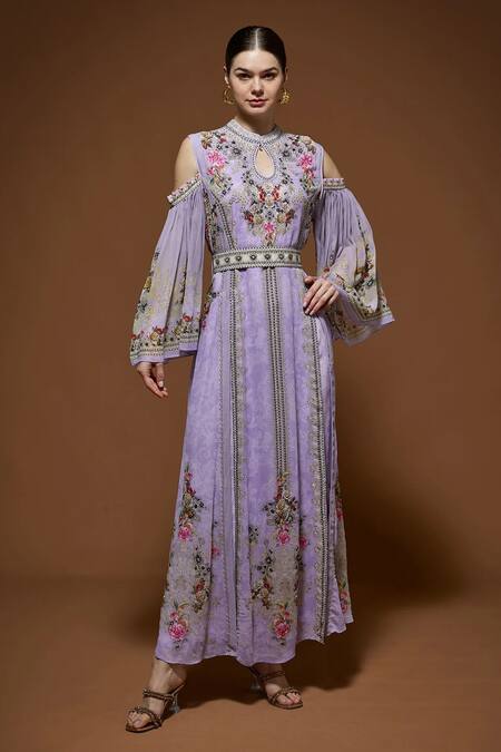 Nirraamyaa Purple Bemberg, Crepe Rhinestones, Embroidery Keyhole Designer Kaftan With Belt Online at Aza Fashions Nirraamyaa_Purple Bemberg, Crepe Rhinestones, Embroidery Keyhole Designer Kaftan With Belt _Online_at_Aza_Fashions