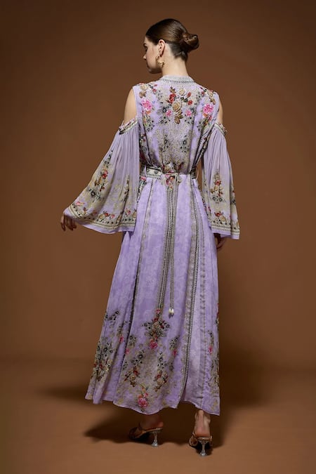 Shop Nirraamyaa Purple Bemberg, Crepe Rhinestones, Embroidery Keyhole Designer Kaftan With Belt at Aza Fashions Shop_Nirraamyaa_Purple Bemberg, Crepe Rhinestones, Embroidery Keyhole Designer Kaftan With Belt _at_Aza_Fashions