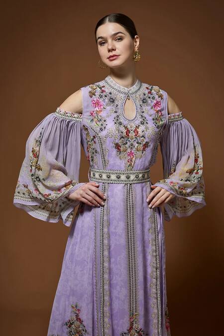 Nirraamyaa Purple Bemberg, Crepe Rhinestones, Embroidery Keyhole Designer Kaftan With Belt at Aza Fashions Nirraamyaa_Purple Bemberg, Crepe Rhinestones, Embroidery Keyhole Designer Kaftan With Belt _at_Aza_Fashions