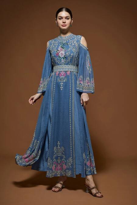 Nirraamyaa_Gray Bemberg, Crepe, Viscose, Georgette Rhinestones Designer Kaftan With Belt _Online_at_Aza_Fashions