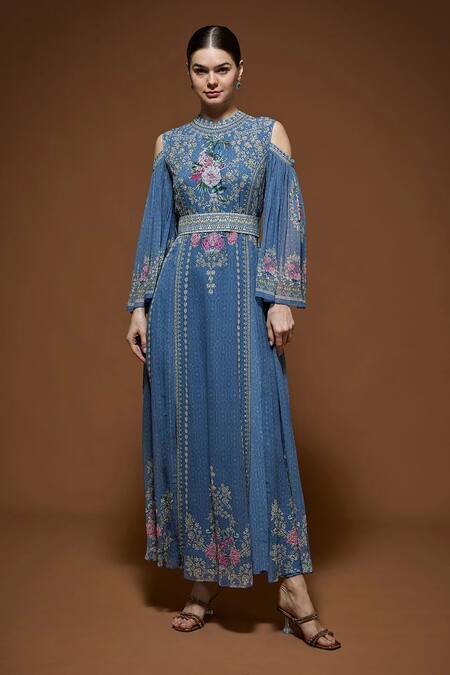 Buy_Nirraamyaa_Gray Bemberg, Crepe, Viscose, Georgette Rhinestones Designer Kaftan With Belt _Online_at_Aza_Fashions