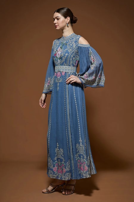 Shop_Nirraamyaa_Gray Bemberg, Crepe, Viscose, Georgette Rhinestones Designer Kaftan With Belt _Online_at_Aza_Fashions