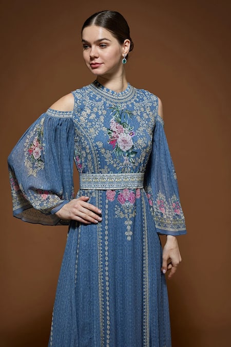 Nirraamyaa_Gray Bemberg, Crepe, Viscose, Georgette Rhinestones Designer Kaftan With Belt _at_Aza_Fashions