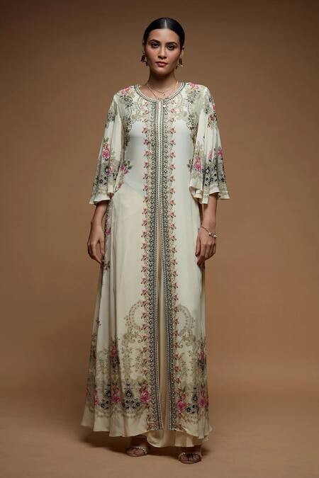 Nirraamyaa Beige Bemberg, Crepe Rhinestones Round Neck Embellished Jacket Set Online at Aza Fashions Nirraamyaa_Beige Bemberg, Crepe Rhinestones Round Neck Embellished Jacket Set _Online_at_Aza_Fashions