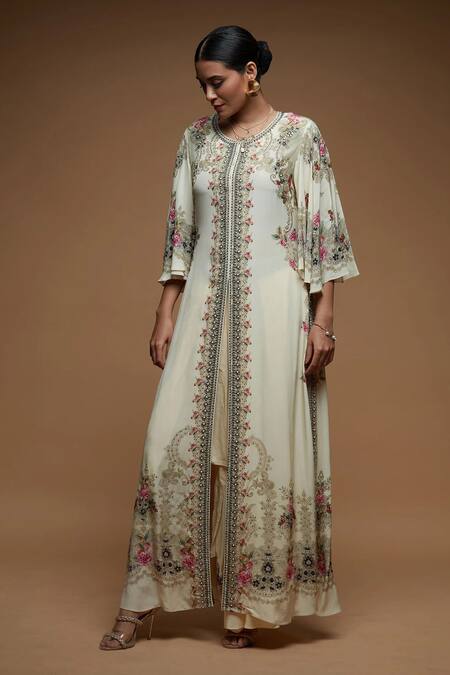 Shop Nirraamyaa Beige Bemberg, Crepe Rhinestones Round Neck Embellished Jacket Set Online at Aza Fashions Shop_Nirraamyaa_Beige Bemberg, Crepe Rhinestones Round Neck Embellished Jacket Set _Online_at_Aza_Fashions