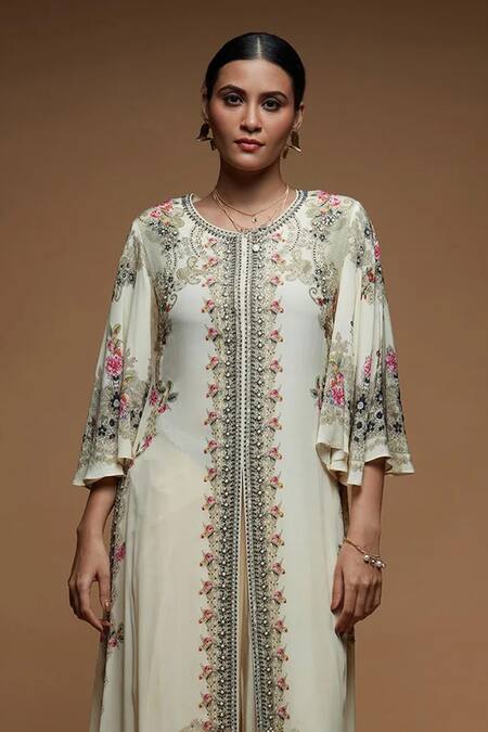 Nirraamyaa Beige Bemberg, Crepe Rhinestones Round Neck Embellished Jacket Set at Aza Fashions Nirraamyaa_Beige Bemberg, Crepe Rhinestones Round Neck Embellished Jacket Set _at_Aza_Fashions