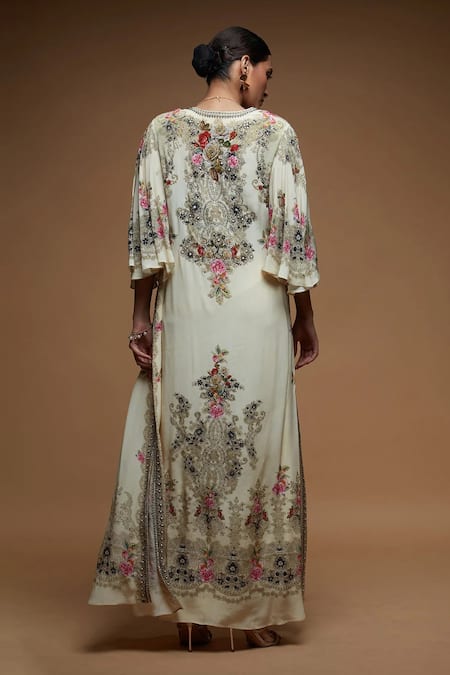 Shop Nirraamyaa Beige Bemberg, Crepe Rhinestones Round Neck Embellished Jacket Set at Aza Fashions Shop_Nirraamyaa_Beige Bemberg, Crepe Rhinestones Round Neck Embellished Jacket Set _at_Aza_Fashions