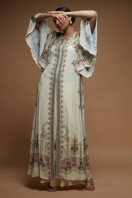 Buy Nirraamyaa Beige Bemberg, Crepe Rhinestones Round Neck Embellished Jacket Set Buy_Nirraamyaa_Beige Bemberg, Crepe Rhinestones Round Neck Embellished Jacket Set