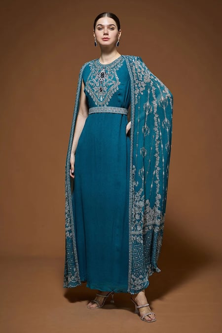 Nirraamyaa Teal Viscose Georgette Rhinestones Round Neck Blue Cape Kurta Set 