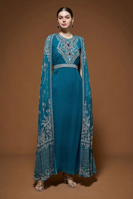 Nirraamyaa Teal Viscose Georgette Rhinestones Round Neck Blue Cape Kurta Set Online at Aza Fashions Nirraamyaa_Teal Viscose Georgette Rhinestones Round Neck Blue Cape Kurta Set _Online_at_Aza_Fashions