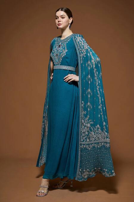 Buy Nirraamyaa Teal Viscose Georgette Rhinestones Round Neck Blue Cape Kurta Set Online at Aza Fashions Buy_Nirraamyaa_Teal Viscose Georgette Rhinestones Round Neck Blue Cape Kurta Set _Online_at_Aza_Fashions