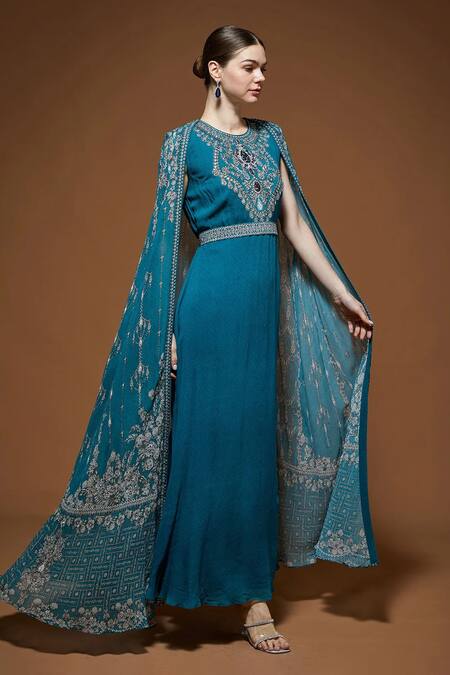Shop Nirraamyaa Teal Viscose Georgette Rhinestones Round Neck Blue Cape Kurta Set Online at Aza Fashions Shop_Nirraamyaa_Teal Viscose Georgette Rhinestones Round Neck Blue Cape Kurta Set _Online_at_Aza_Fashions